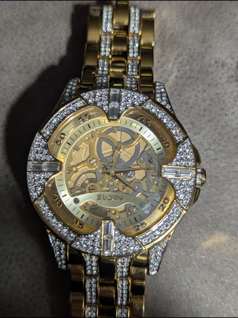 Gent's Gold & Crystal Skeleton Dial Watch by Elgin